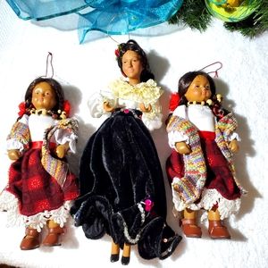 Set of 3 Porcelain Southwest Doll Christmas Ornaments